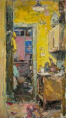 A painting of a kitchen with yellow walls