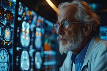 Neurologist looks at screen with MRI scan and diagnosis - obrazy, fototapety, plakaty