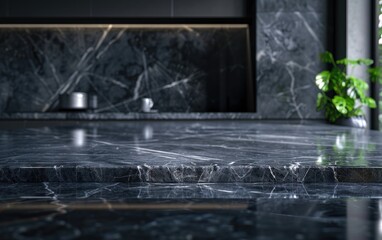 Contemporary Minimalist Marble Tabletop in a Kitchen Setting, Sleek Dark Marble Surface for a Modern Kitchen Ensemble Generative Ai