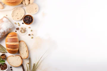 Abwaschbare Fototapete An array of freshly baked bread with wheat ears, flour, and grains on a white background, symbolizing baking and harvest. Generative AI © Breyenaiimages