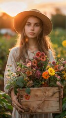Fototapeta premium A woman holding a basket of flowers in a field