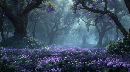 A forest filled with lots of purple flowers