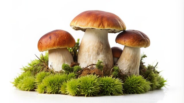 Fresh ceps on moss isolated on white