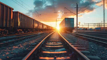 A cargo train passing through an industrial rail yard. 