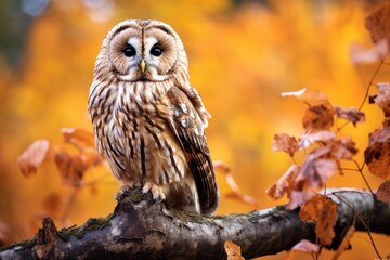 Owl sitting on a branch in autumn forest Autumn in nature with an owl Ural Owl sitting on a tree, Ai generated