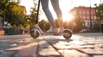 A person riding an electric scooter on a city sidewalk.  - Powered by Adobe