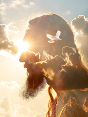Double exposure image of Jesus Christ and dove, resurrection concept