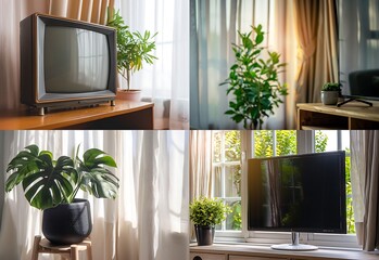 Black TV on wooden stand in modern living room with white curtains and plant, close up view of big screen television at home interior