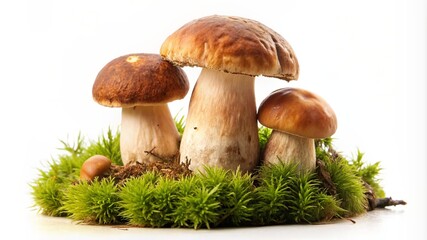 Fresh ceps on moss isolated on white