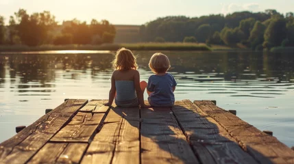 Foto auf Acrylglas Several little children sit on a wooden pier at a summer camp. © Zaleman