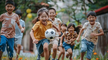 Young Asian and mixed race kids playing football together in the garden. Multiethnic children group following their passion for outdoor exercise, leisure games, or childhood fun lifestyle activities.
