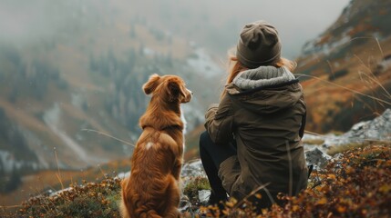 This image shows a girl with a tolling dog in the mountains. Summer mood. Traveling with a pet. A Nova Scotia Duck Tolling Retriever. - obrazy, fototapety, plakaty