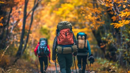 A group of tourists wearing backpacks outdoors trekking on mountain in autumn fall is seen hiking on forest trail with camping backpacks. It is seen from behind the hiker woman wearing a backpack in - obrazy, fototapety, plakaty