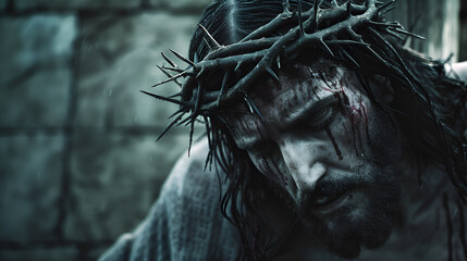 Head shot of Jesus Christ in the crown of thorns - obrazy, fototapety, plakaty