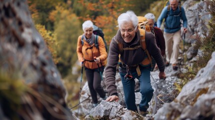 An active lifestyle group of seniors climbing rocks outdoors in nature with an instructor. - obrazy, fototapety, plakaty