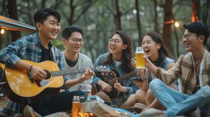Playing guitar and singing, enjoying camping and drinking beer with happy Asian friends