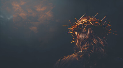 Back view of Jesus Christ in the crown of thorns - obrazy, fototapety, plakaty