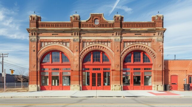 Red Brick Building With Arched Windows on Street Corner - Powered by Adobe