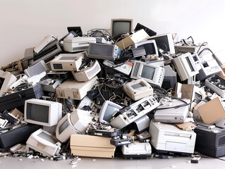 Old electronic devices, televisions. E waste and recycling concept - obrazy, fototapety, plakaty