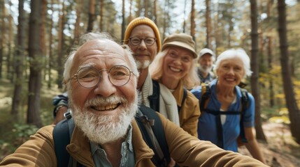 A group of senior citizens in retirement on a forest trek together in summer, taking pictures and smiling together. Nature, selfie and a group of seniors hiking together for wellness and exercise in - obrazy, fototapety, plakaty