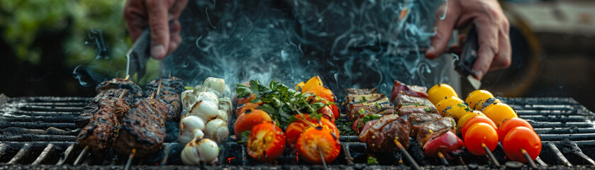 Outdoor grilling of various meats and vegetables, releasing savory smoke on a barbecue grill.
