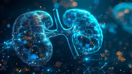 Human anatomy of the paired kidneys on a blue background with a glowing light effect