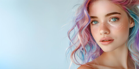 Fototapeta premium A woman with vibrant pink, blue, and purple hair stands out against a plain background, showcasing a unique and colorful hairstyle.
