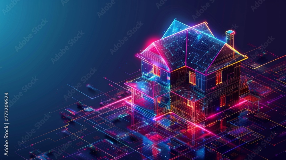 Aufkleber Programming software for smart houses. CAD design in CAD programs for smart buildings. Automation through artificial intelligence for IoT. 3D architectural drawings.