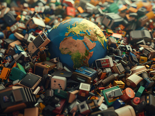 Old electronic devices on the world globe. E waste and recycling concept - obrazy, fototapety, plakaty