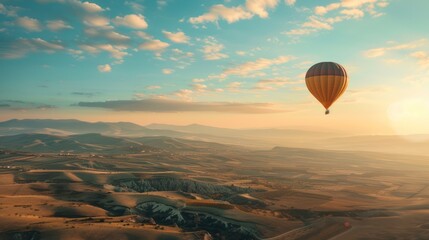 A hot air balloon floating peacefully over scenic landscapes. 