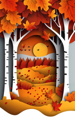 Paper cut 3D aspen trees, falling autumn leaves in a meadow with an orange background