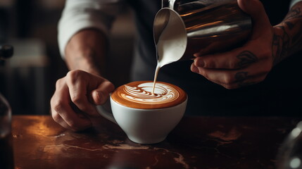 Professional barista making coffee art. Barista makes a beautiful drawing of milk on coffee