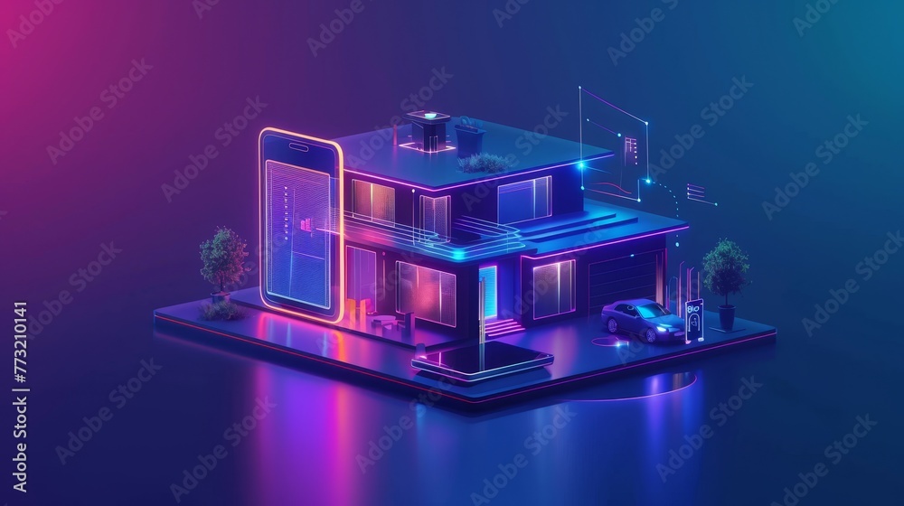 Poster Smart home controlled by your smartphone. Smart home obeys your phone commands. Concept. Vector.