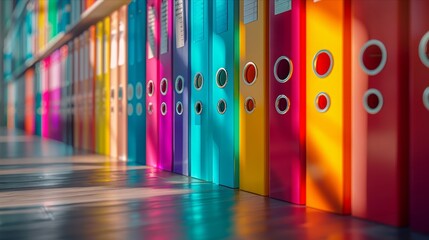 Rainbow array of colorful binders organized on office shelf