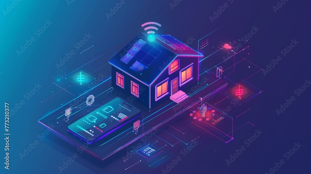 Poster Internet of things control system for home automation. A small house standing on screen with icons of home electronics devices.