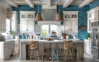 Naklejka premium Enchanting Coastal Kitchen,A White-Inspired Oasis, White Delight, Embracing Coastal Kitchen Charms Generative Ai