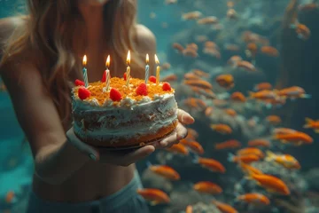 Foto op Plexiglas Portrait of a young woman underwater holding a birthday cake with burning candles. Little goldfish swim around her. © AI Studio