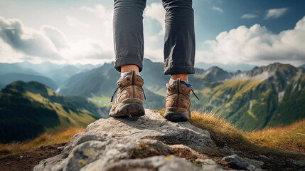 Closeup of feet from a woman with hiking shoes. Women hiking at sunset mountains with heavy backpack Travel Lifestyle wanderlust adventure concept summer vacations outdoor alone into the wild - Powered by Adobe