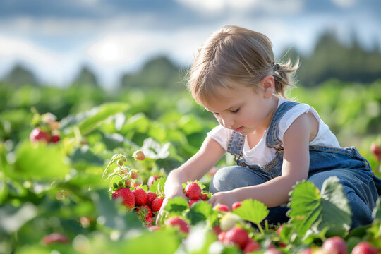 Photo of A girl picking strawberries in a field