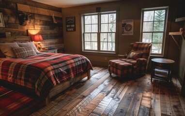 Reclaimed Tranquility,The Cozy Aura of a Rustic Guest Room, Rustic Retreat, Embracing the Charm of a Guest Room with Reclaimed Elements Generative Ai