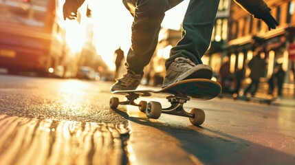 A skateboarder riding down a city sidewalk. - Powered by Adobe