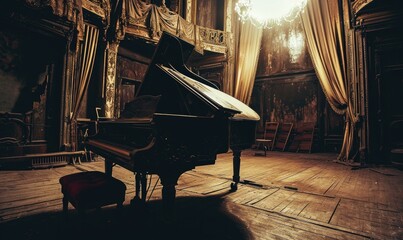 An old grand piano in a room with curtains. Generative AI.