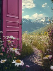 Fototapeta na wymiar A pink door opens into a field of flowers. Generative AI.