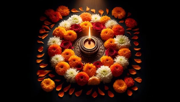 Beautiful arrangement with diya lamp and marigold flowers for puthandu.