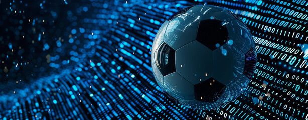 A soccer ball is surrounded by binary code, creating an atmosphere of technology and speed in the background