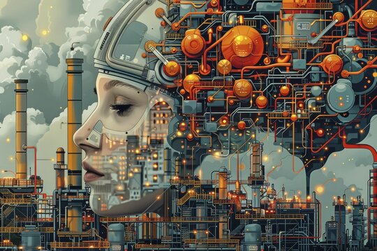 Abstract drawing of a psychological wellness app tailored for factory workers, on a mental health apps background, concept for custom digital mental health solutions for the industrial workforce.