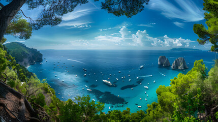 Panorama époustouflant : un paysage marin vibrant mettant en vedette Capri au loin, flanqué de pins verts luxuriants et d'eaux azur avec des nuages à la dérive - obrazy, fototapety, plakaty