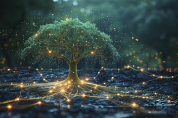 An innovative digital tree with sensor leaves on an IoT-based environmental health tracking backdrop showcases modern environmental monitoring.