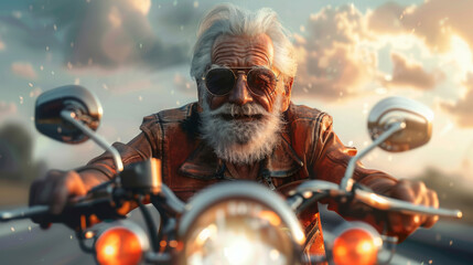 A rugged bearded biker in sunglasses rides his motorcycle into a dramatic sunset, evoking freedom. - obrazy, fototapety, plakaty