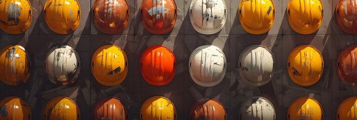 a wall of many construction helmets hanging
